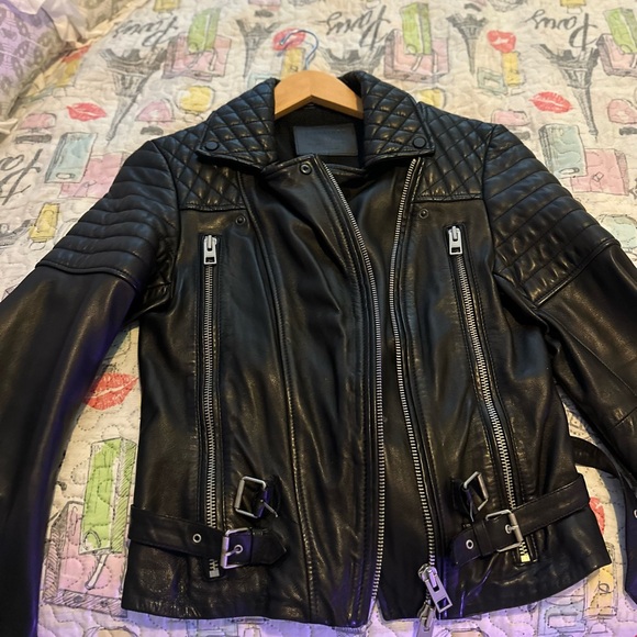 All Saints Black Leather Biker Jacket with Quilted Shoulders (Papin) - Picture 6 of 11